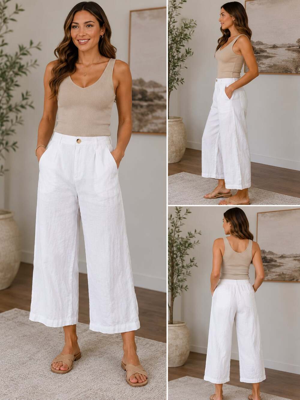 Halston 100% Linen White Wide-Leg Pants